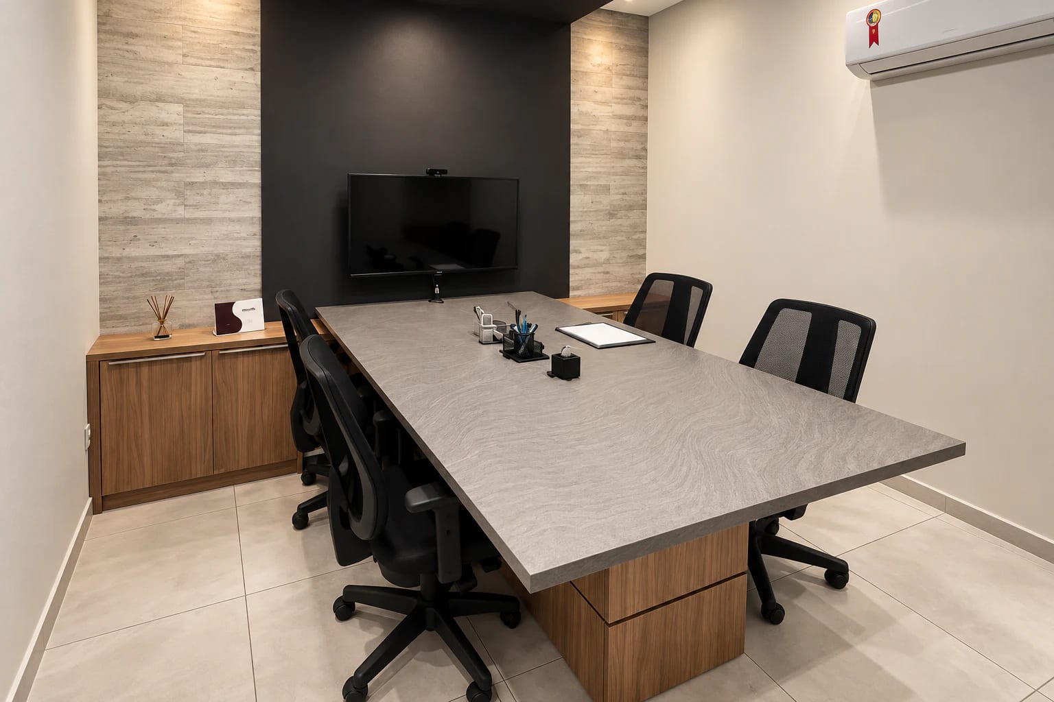 Sala de reuniões da unidade de Feira de Santana, com mesa de pedra clara.