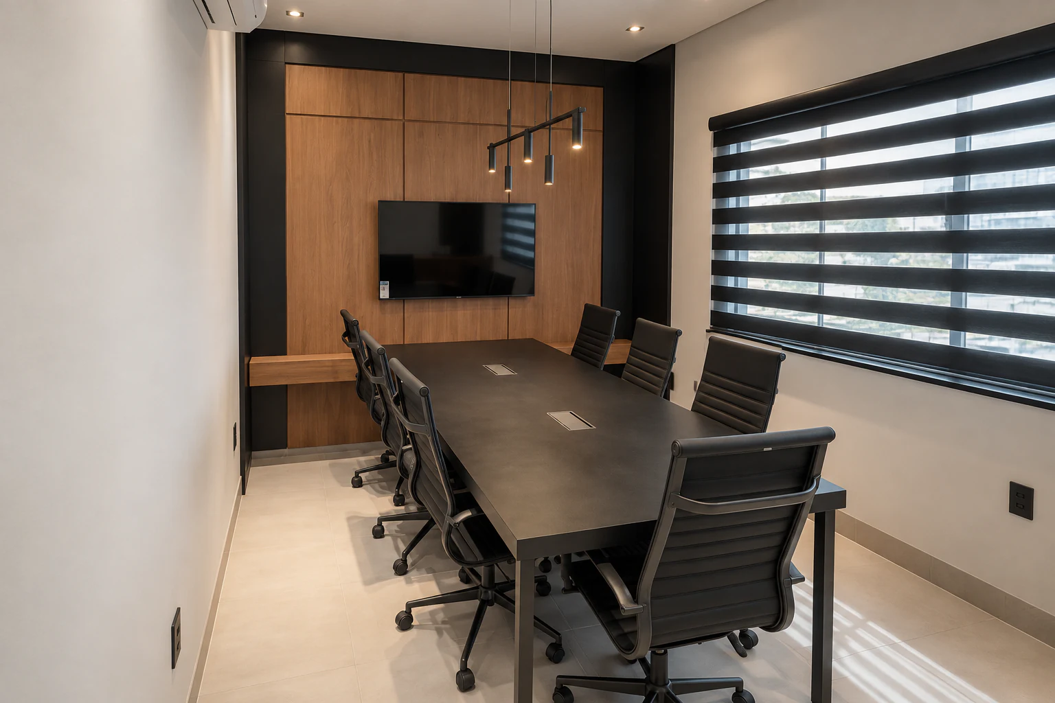 Sala de reuniões da unidade de Irecê, com mesa para oito lugares e painel de madeira com televisor.
