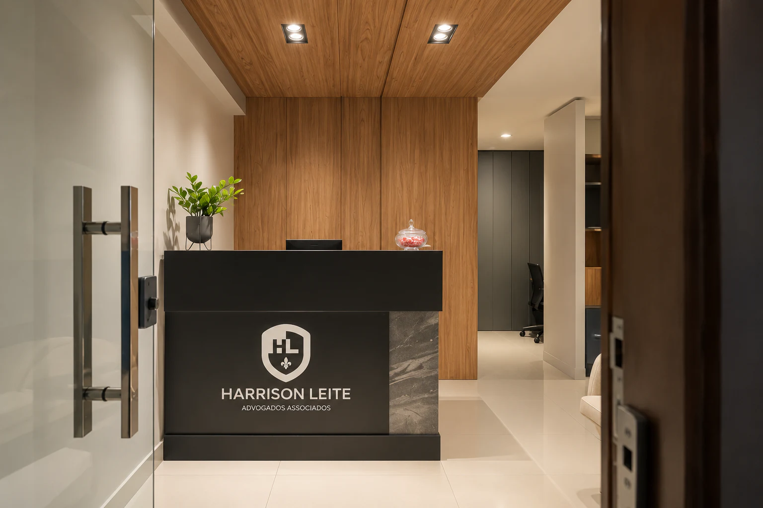 Recepção da unidade de Vitória da Conquista do Harrison Leite Advogados, com balcão em pedra e forro de madeira.